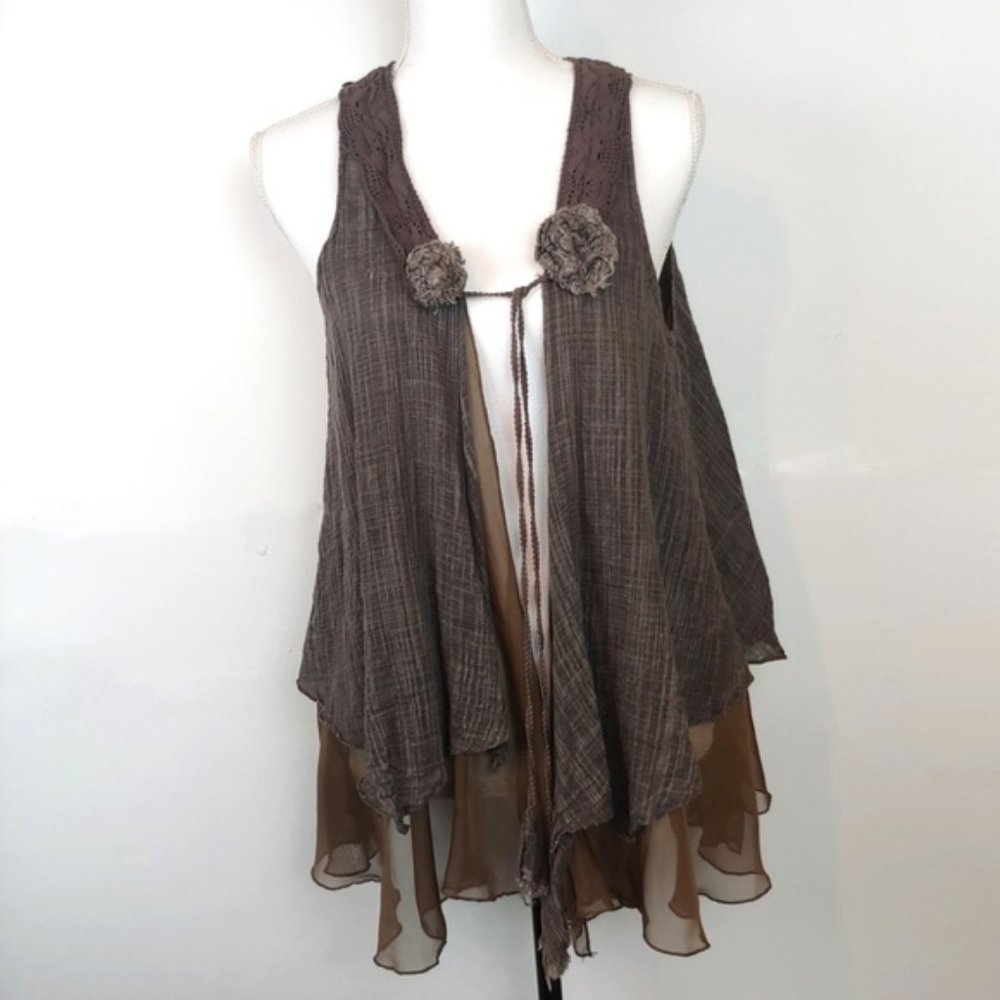 Blue Bird Vest with sheer lining, embroidery, poms